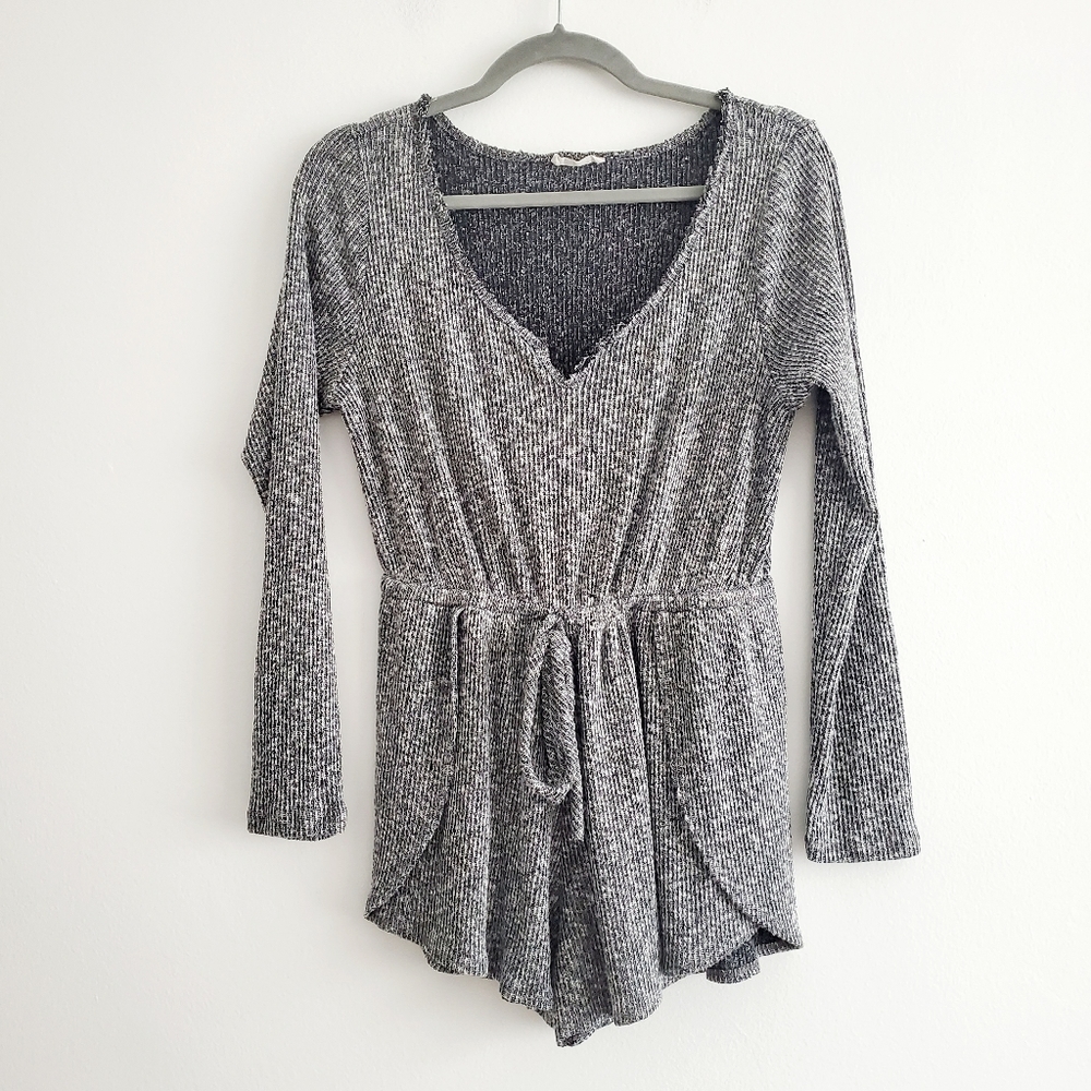 Girl Cave Gray Ribbed Knit Long Sleeve Cozy Romper